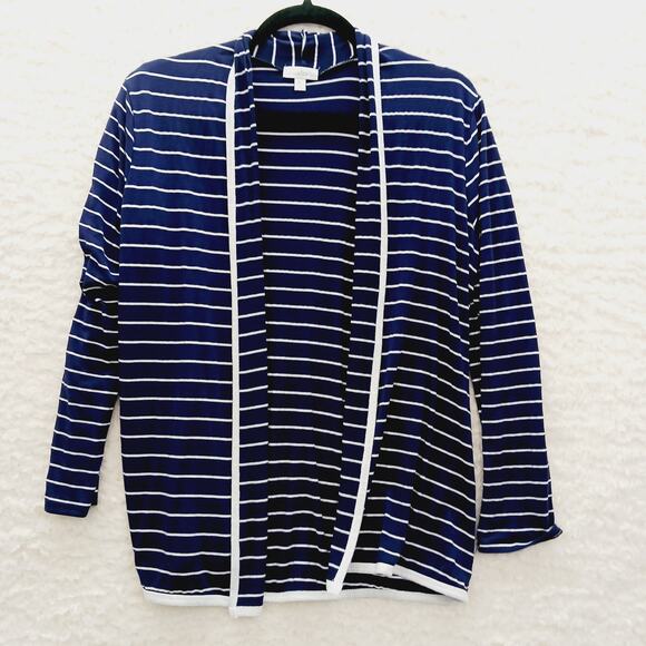 Sweater Open Cardigan Size L Navy Stripe Sailor Coastal Grandma Nautical Cruise - Picture 13 of 13